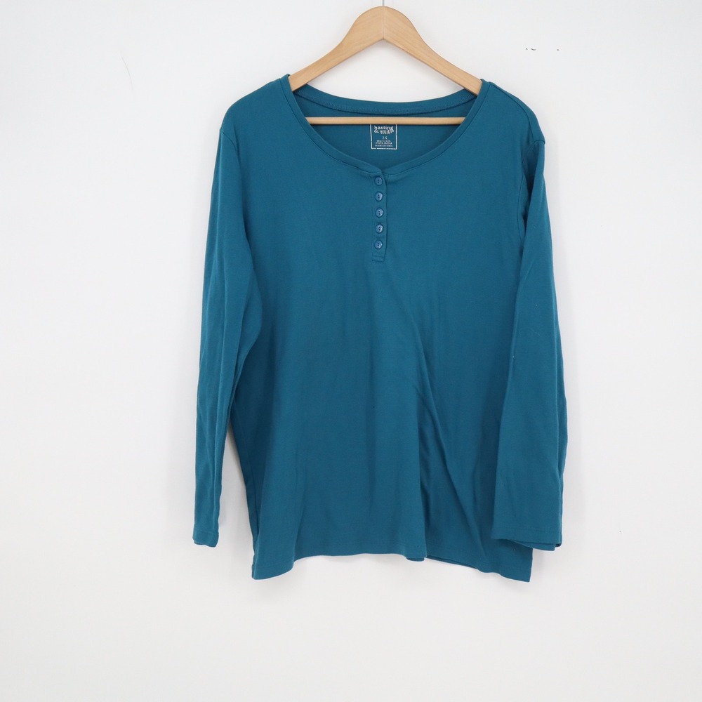Hasting & Smith Henley Top Womens 2X Teal Blue Long Sleeve Button Excellent